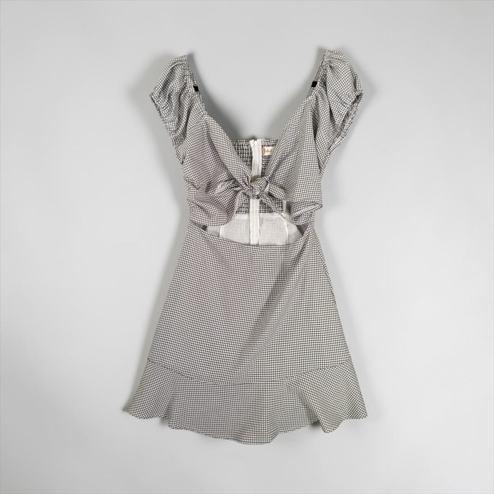 Altar'd State Size S Gray Gingham Front Cut-Out Tie Front Puff Sleeve Mini Dress